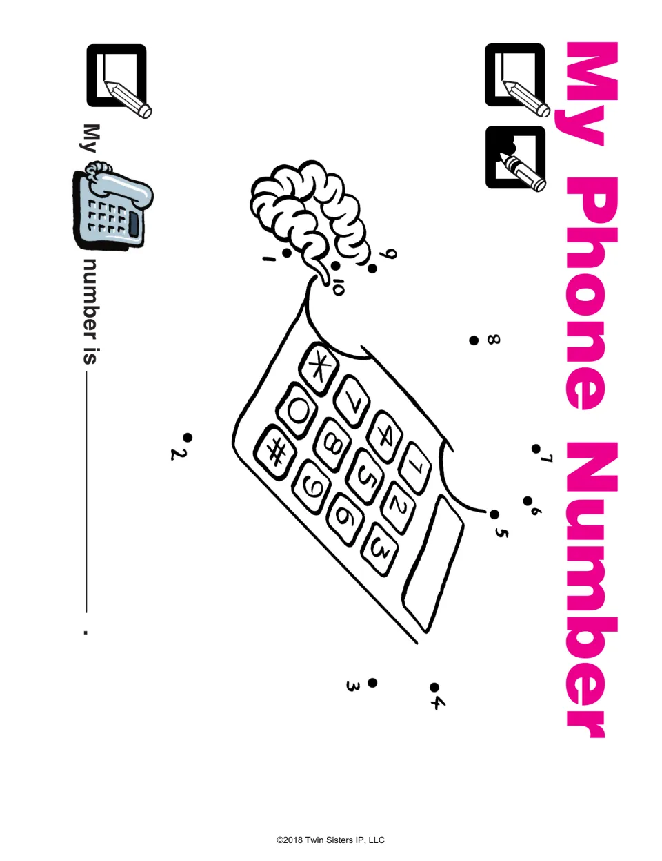 My Phone Number: students connect dots 1 to 10 to finish a phone, color it and write their number on 'My phone number is'