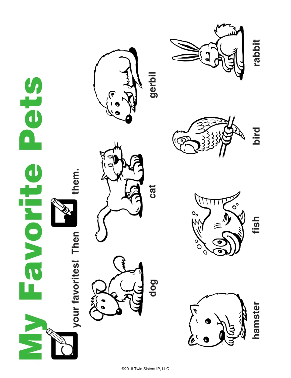 My Favorite Pets: students circle favorites among a dog, cat, gerbil, hamster, fish, bird and rabbit, then color them