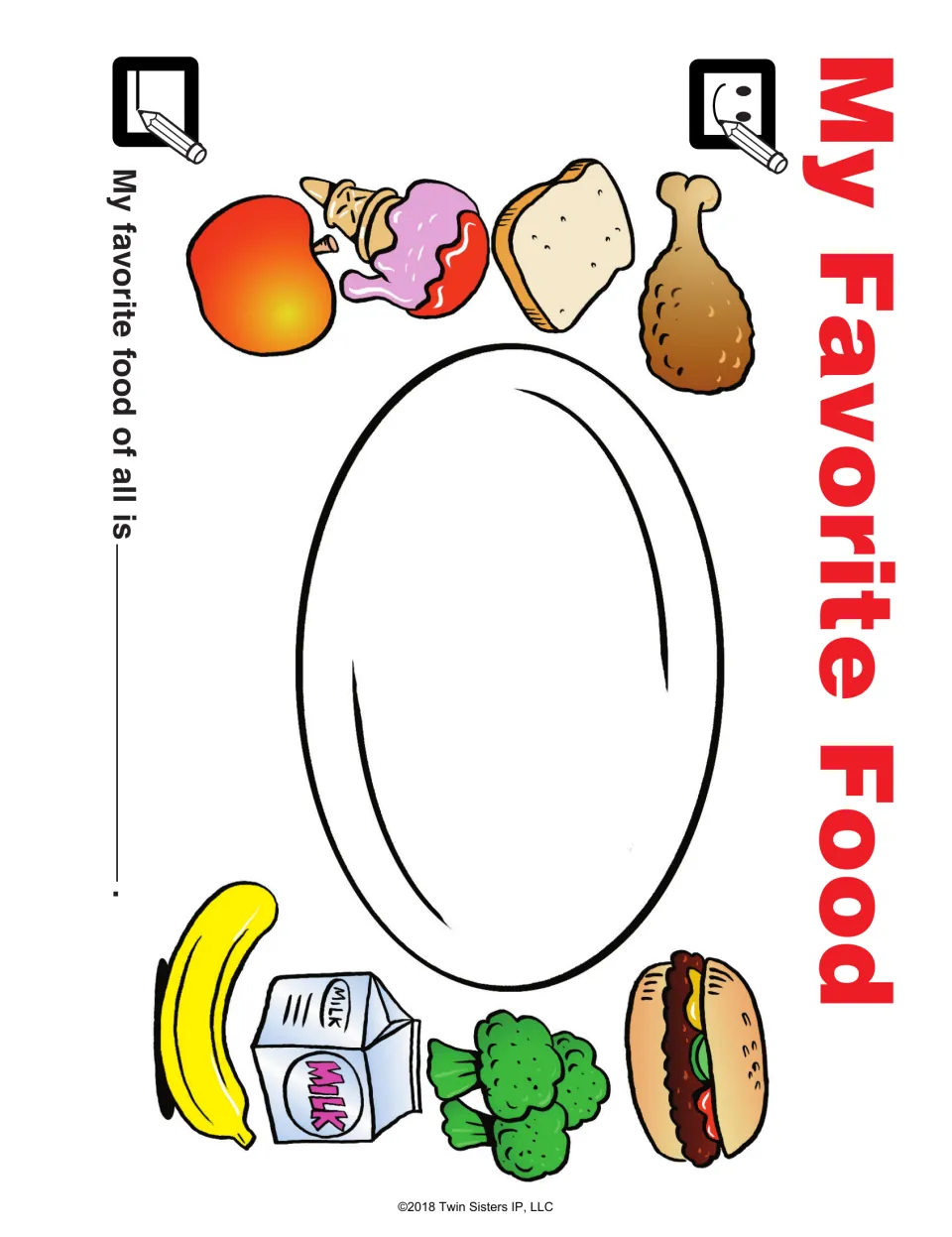 My Favorite Food: students draw their top food on a plate amid food pictures and finish 'My favorite food of all is'