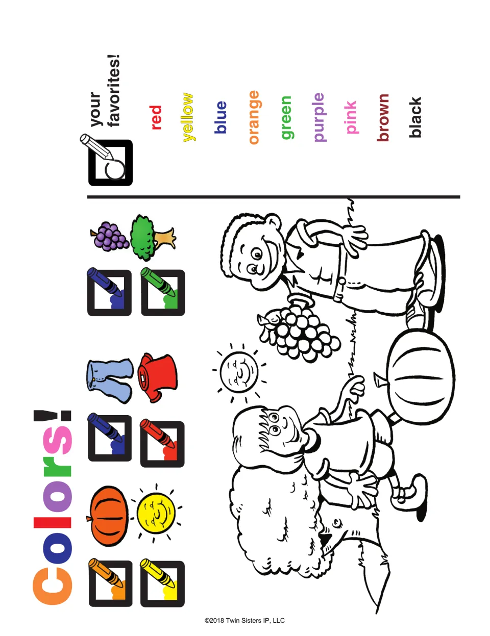 Colors!: students circle favorite color words and color a scene of two children, a pumpkin, grapes and a sun by the key