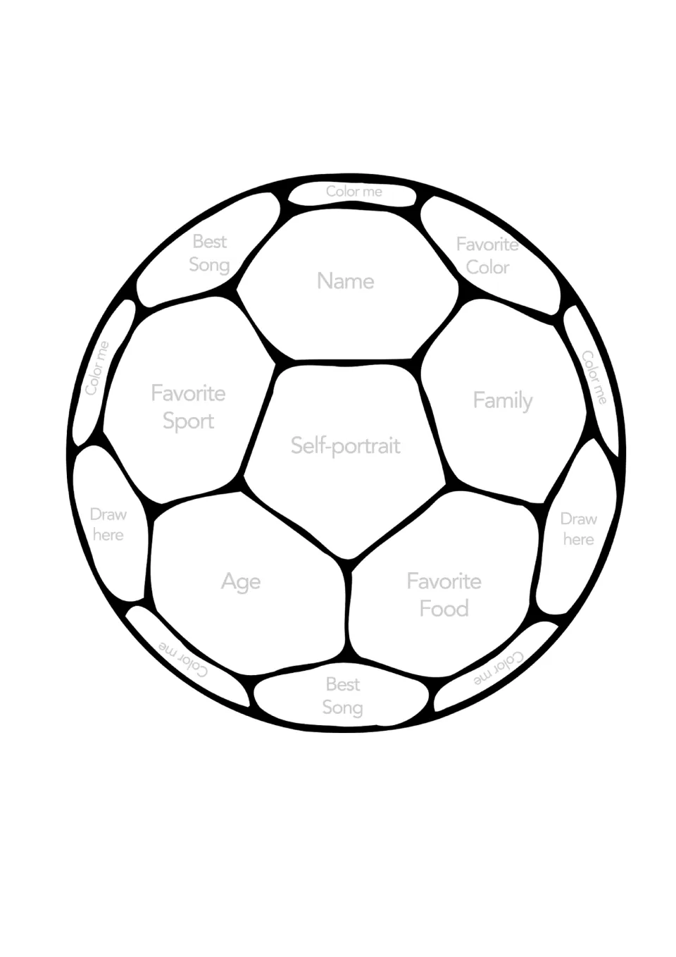 Full-page about-me soccer ball: students fill patches for name, age, family, self-portrait, favorite sport and food