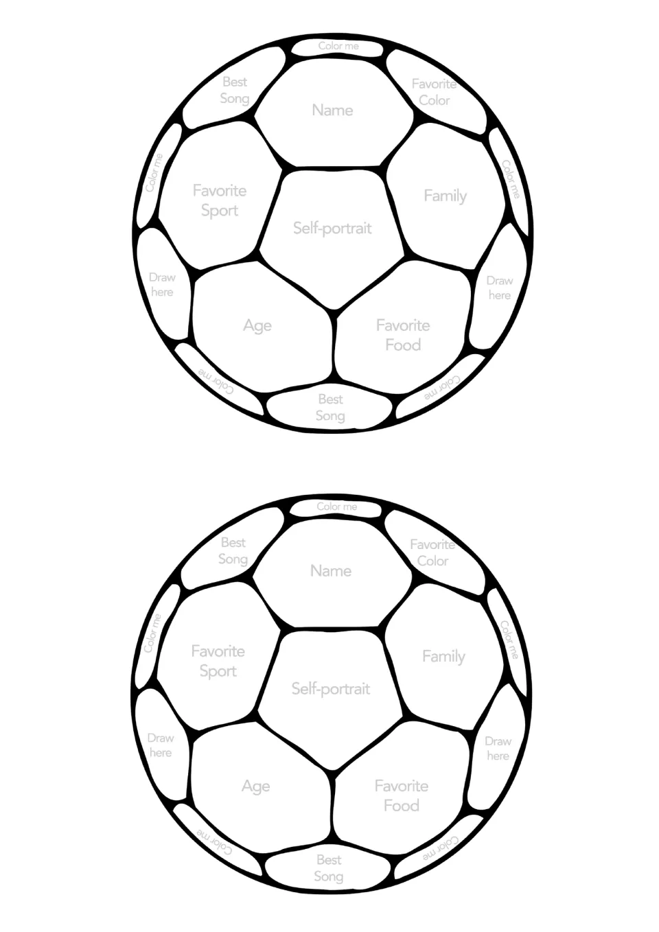 Two about-me soccer balls per page: students write name and age, draw a self-portrait and color the outer patches