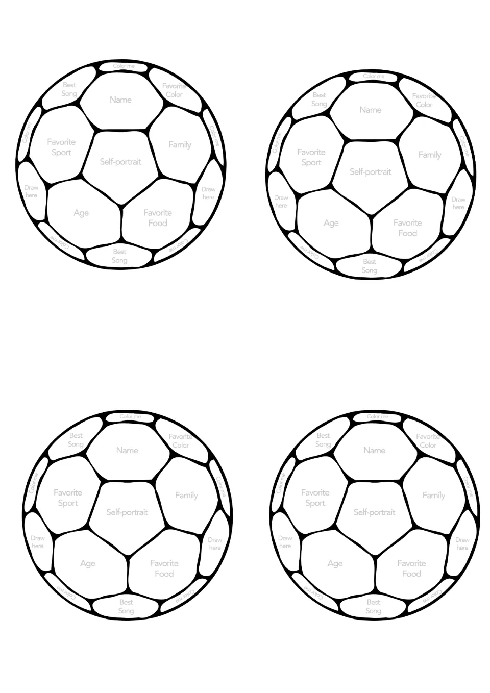 Four small about-me soccer balls: students add name, age, family, self-portrait, best song and favorite food and sport