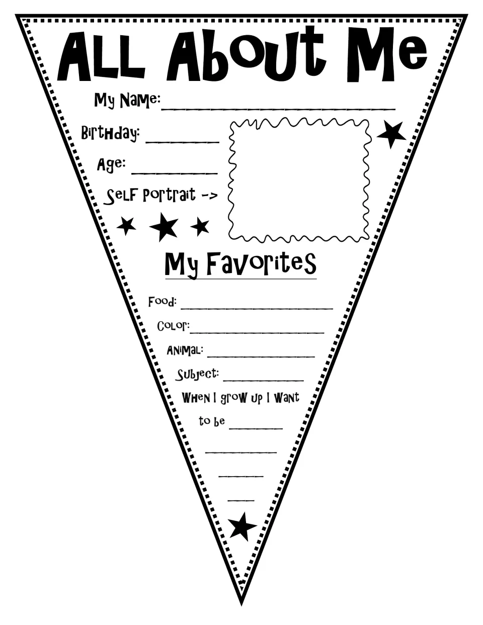 All About Me pennant: students write name, birthday and age, draw a self-portrait and list favorites and a dream job