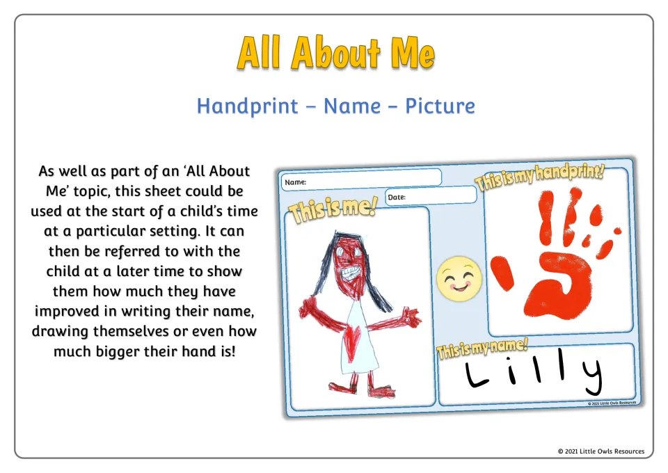 All About Me cover for Handprint - Name - Picture: sample sheet with a child's drawing, red handprint and the name Lilly