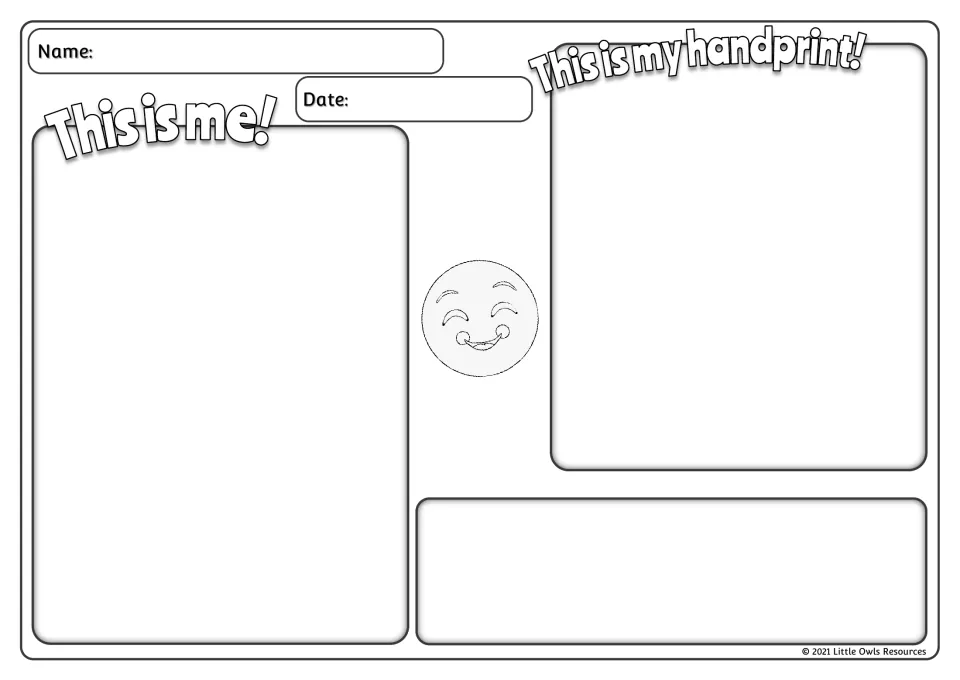 Black-and-white sheet: children draw themselves under This is me!, add a handprint, and write their name and the date