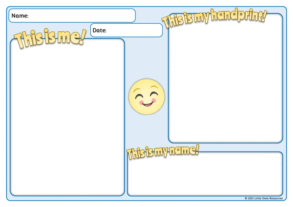 Blue self-portrait sheet: children draw This is me!, print a hand under This is my handprint! and write their name