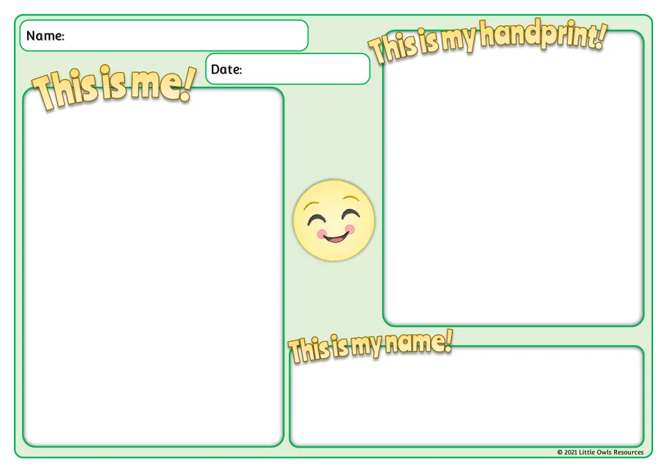 Green self-portrait, handprint and name sheet: children draw themselves, add a handprint and write their name