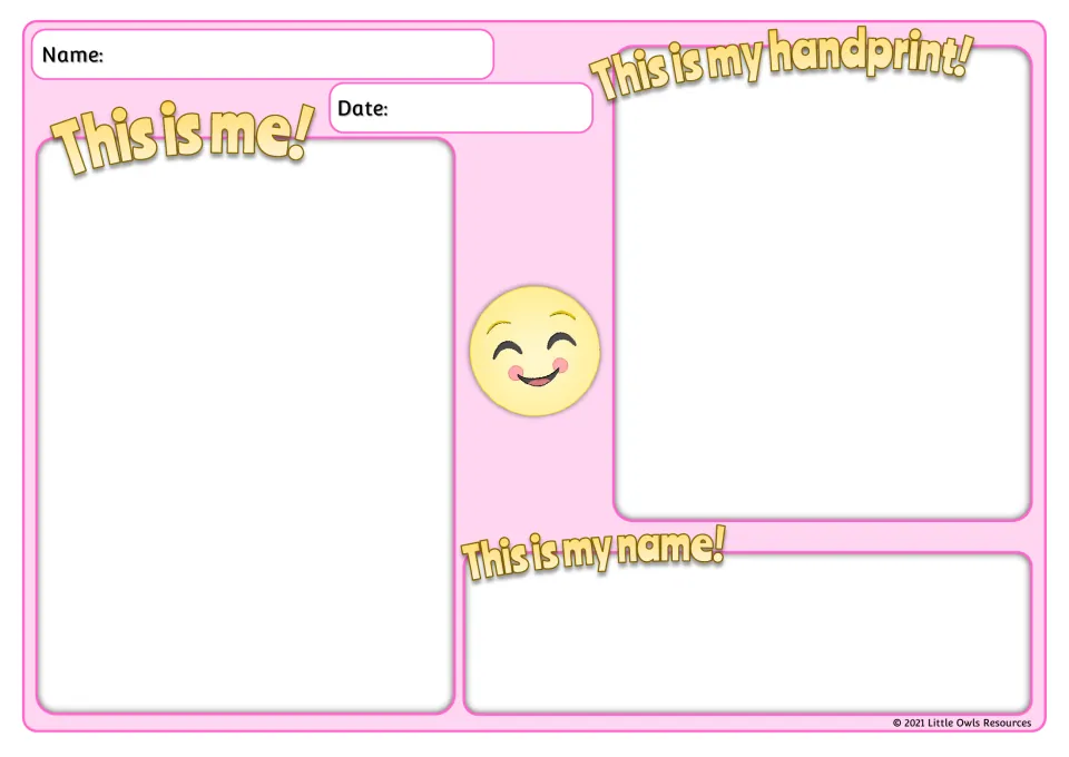 Pink self-portrait sheet with Name and Date fields: children draw themselves, add a handprint and write their name