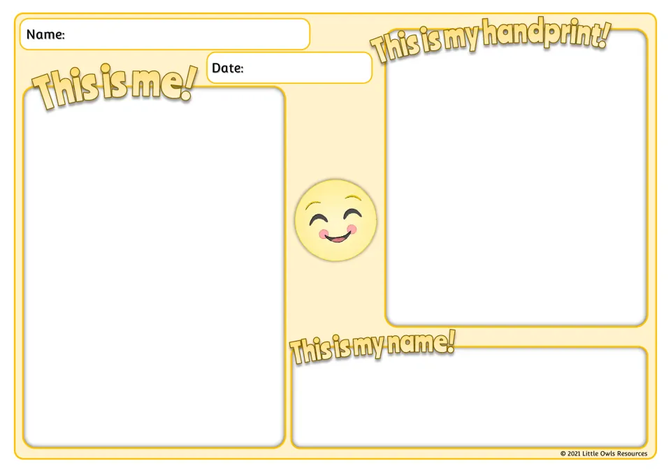 Yellow self-portrait and handprint sheet with a smiley face: children draw themselves, print a hand and write their name
