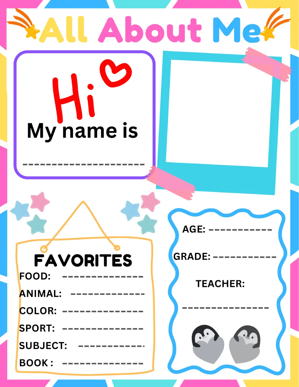 All About Me poster in color: students write their name, age, grade, teacher and favorite food, animal, color and book