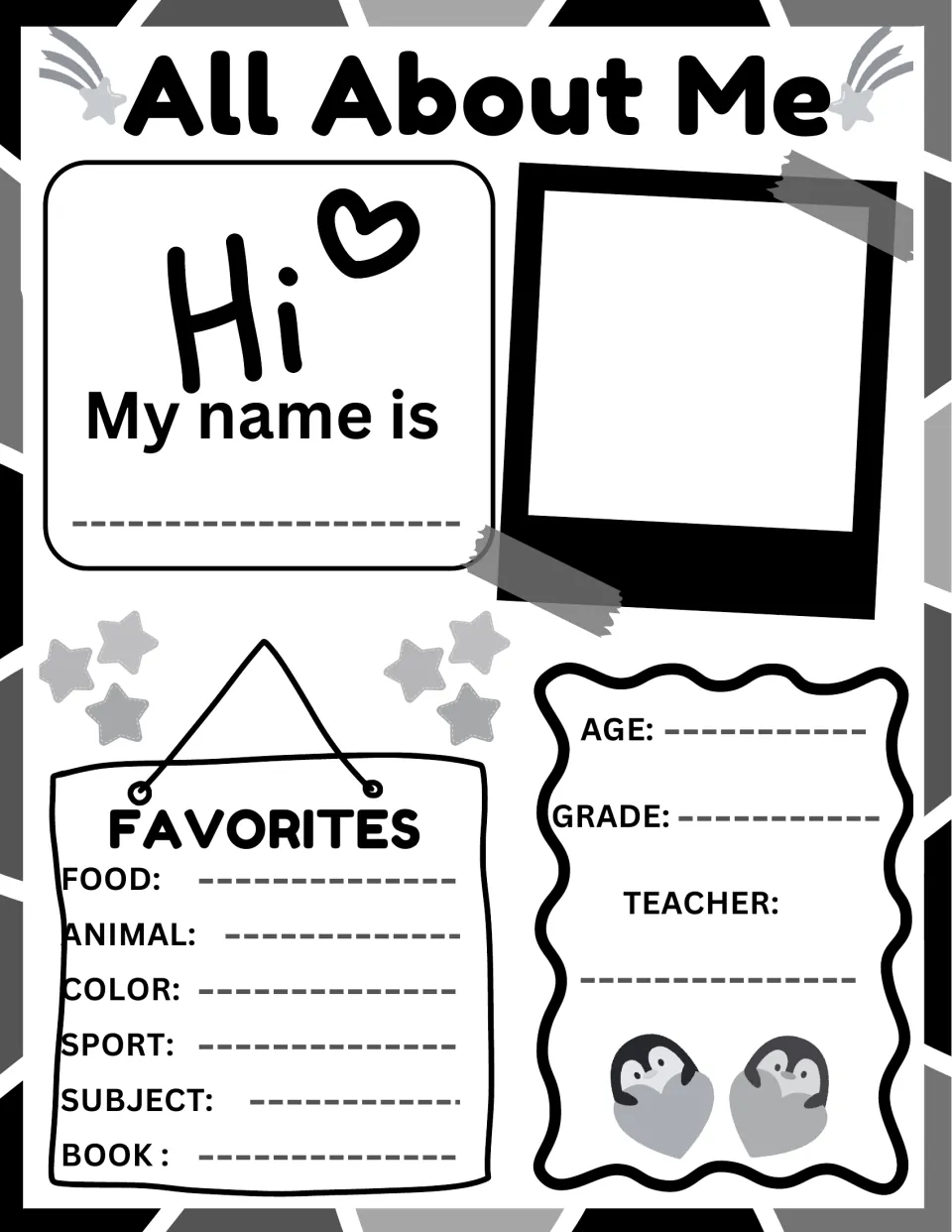 Black-and-white All About Me poster: students add a photo or drawing, their name, details and favorite sport and subject