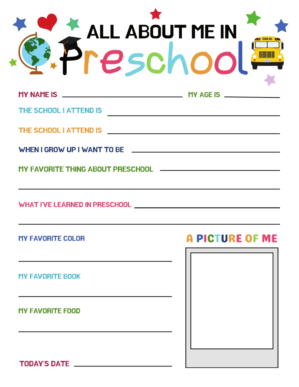 Color preschool questionnaire: name, age, school, future job, favorite things, learning, and a self-picture.