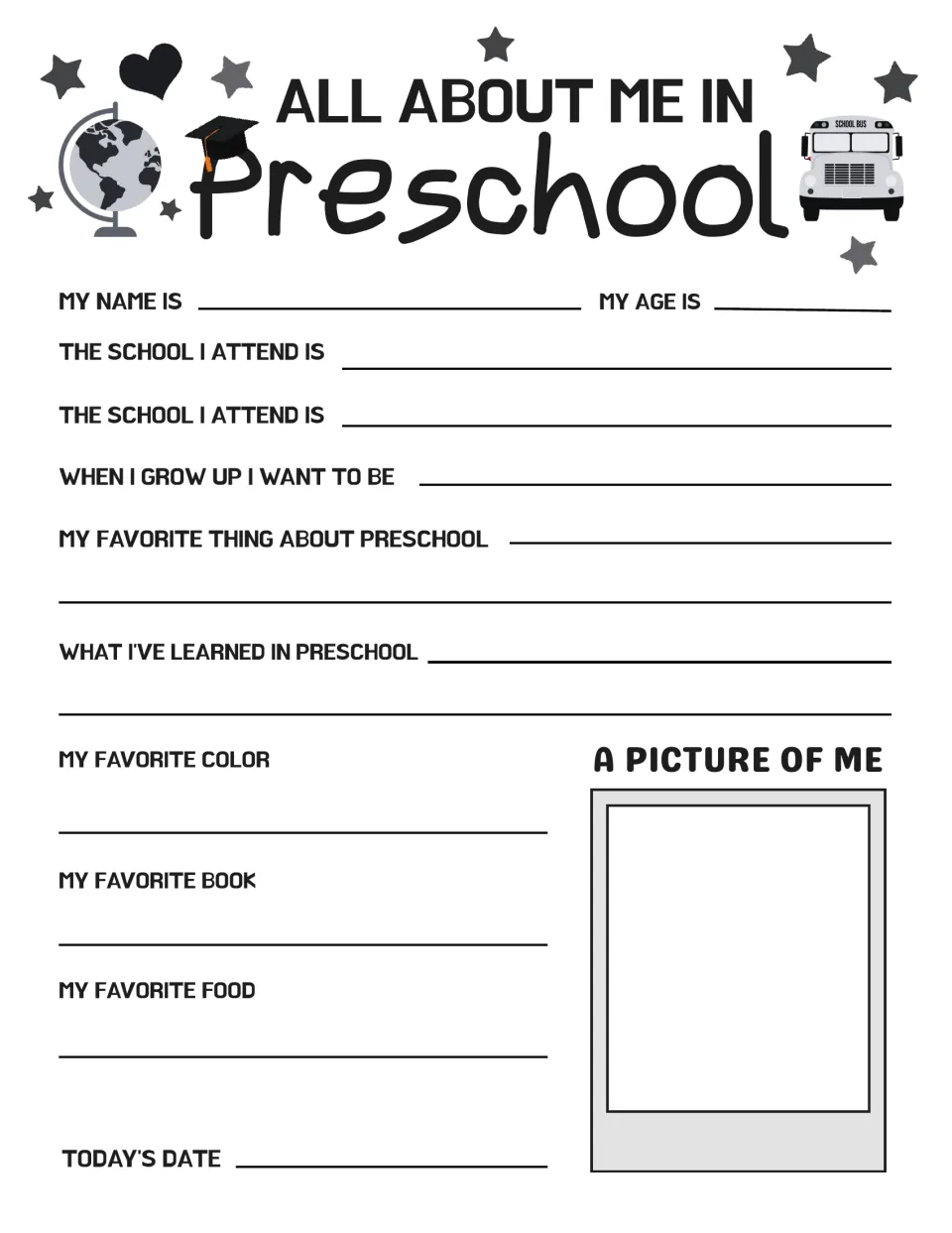 Black-and-white preschool questionnaire: personal details, favorites, learning, and a picture of the child.