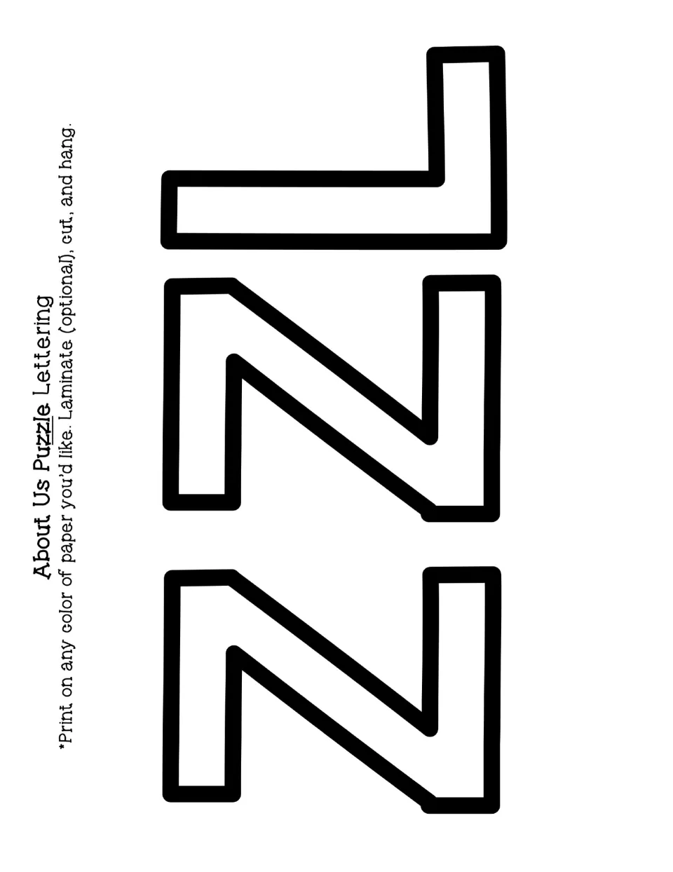 More Puzzle title lettering: two outlined letter z shapes and an l as cut-out pieces to print on colored paper and hang