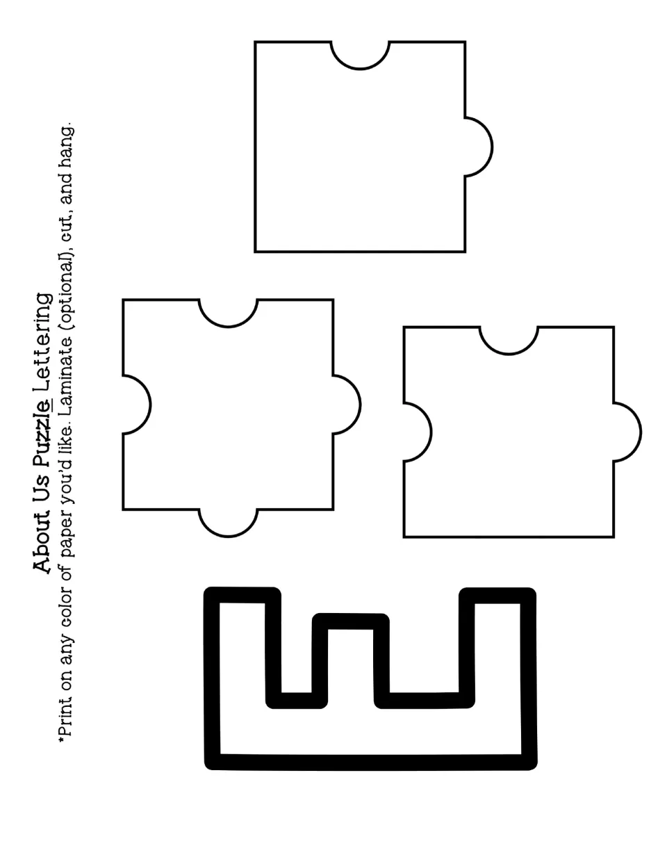 Final letter e for the Puzzle display title plus three blank jigsaw puzzle piece shapes to print, cut out and hang