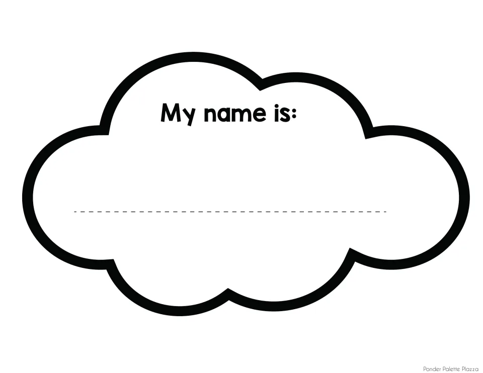 Name cloud cut-out: students write their name on the dashed line under My name is: before coloring and cutting it out