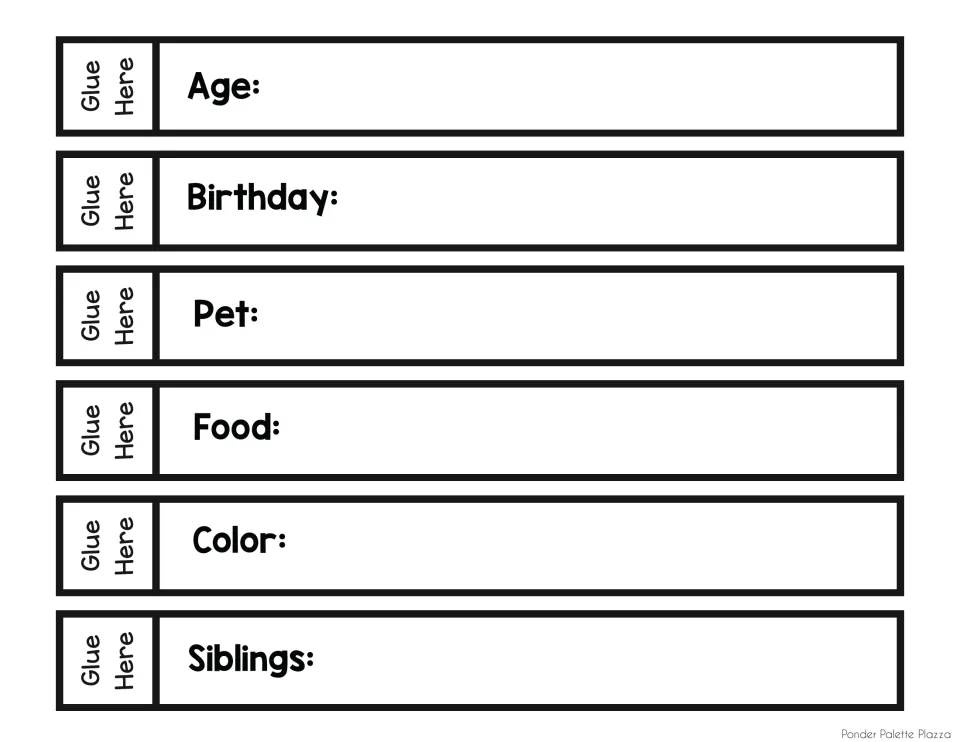 Rainbow strips to cut out: students fill in age, birthday, pet, food, color and siblings, then glue tabs under the cloud