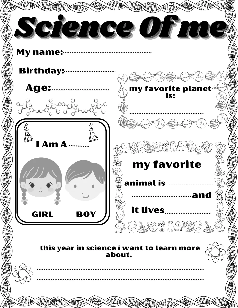 Science self-profile version 1: name, birthday, age, girl or boy, favorite planet and animal, and learning goal