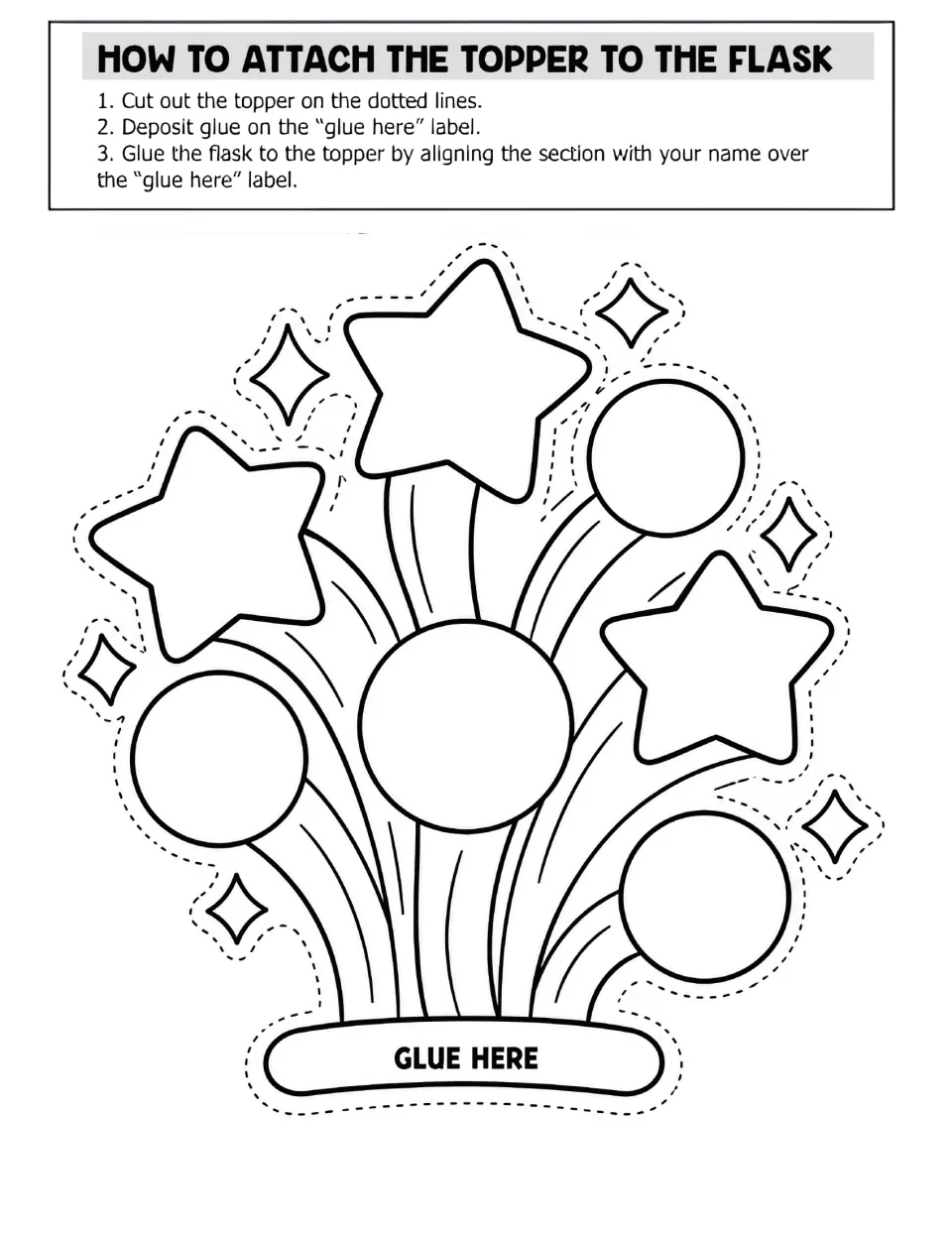 Flask topper cut-out: students cut out a stars and bubbles topper and glue it over the name section of their flask
