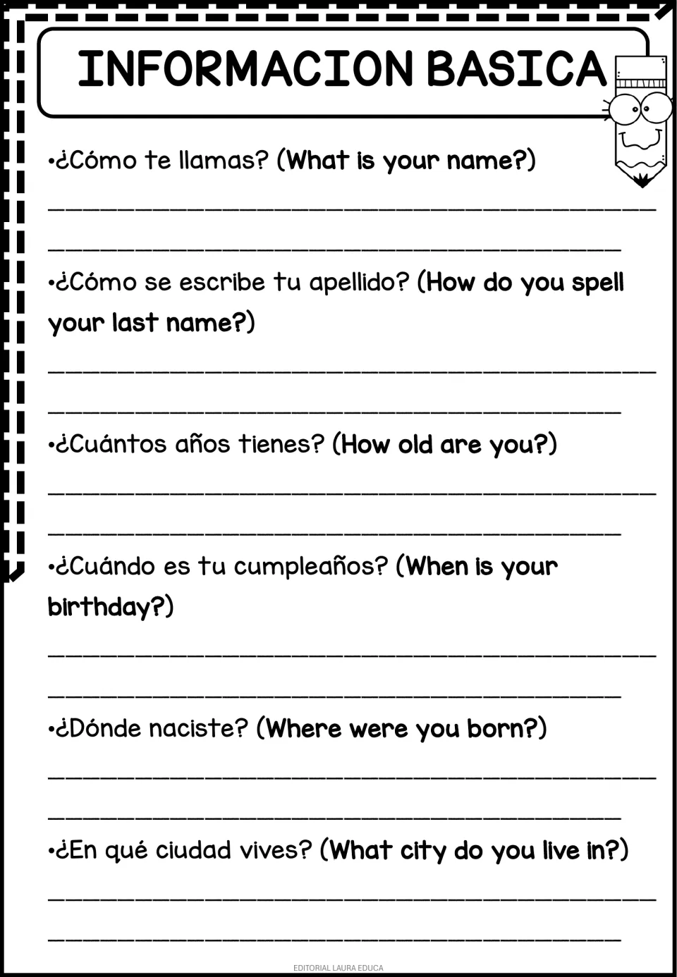 Informacion Basica: students answer Spanish questions with English translations about name, age, birthday and city