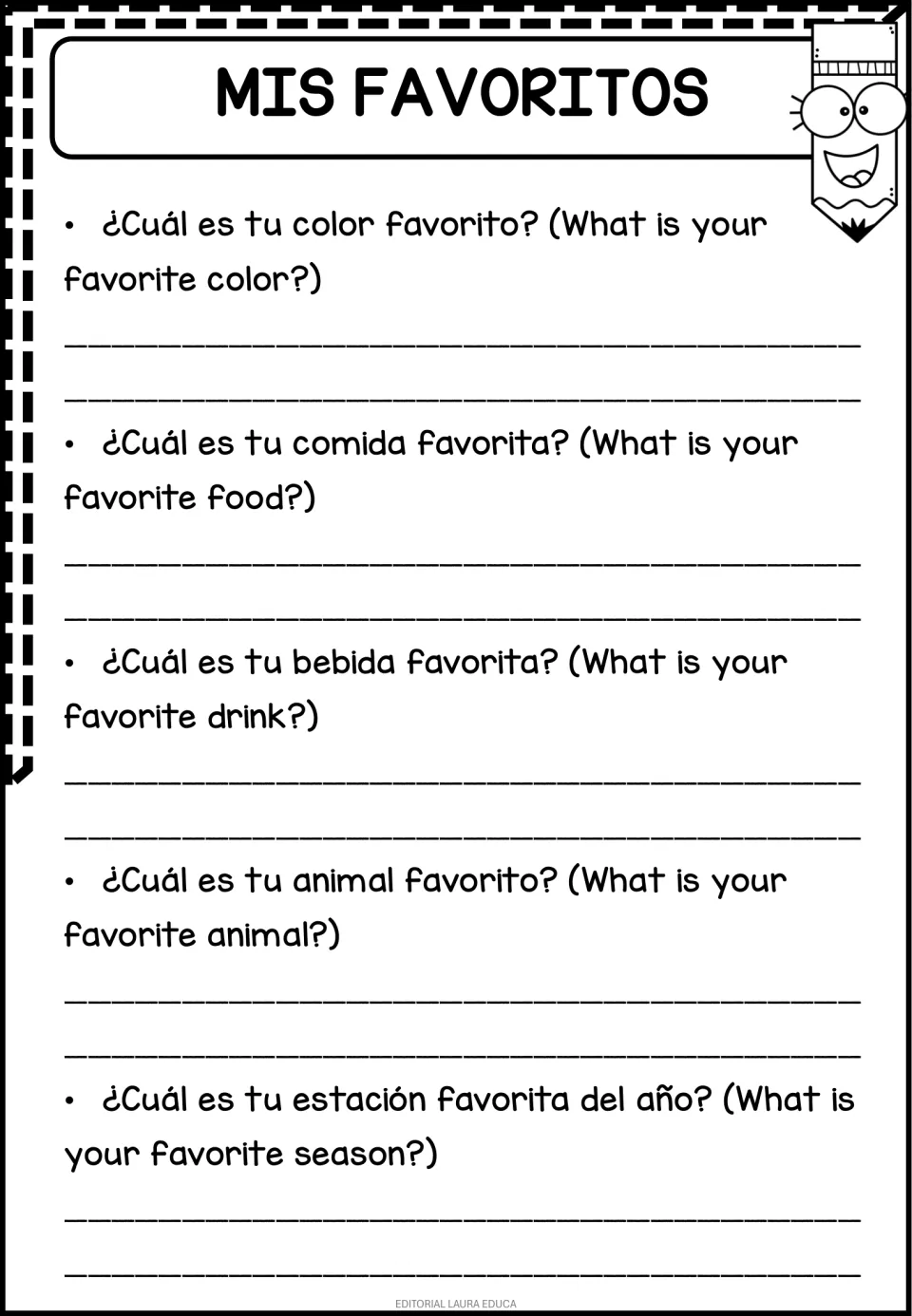 Mis Favoritos: bilingual questions where students write their favorite color, food, drink, animal and season of the year