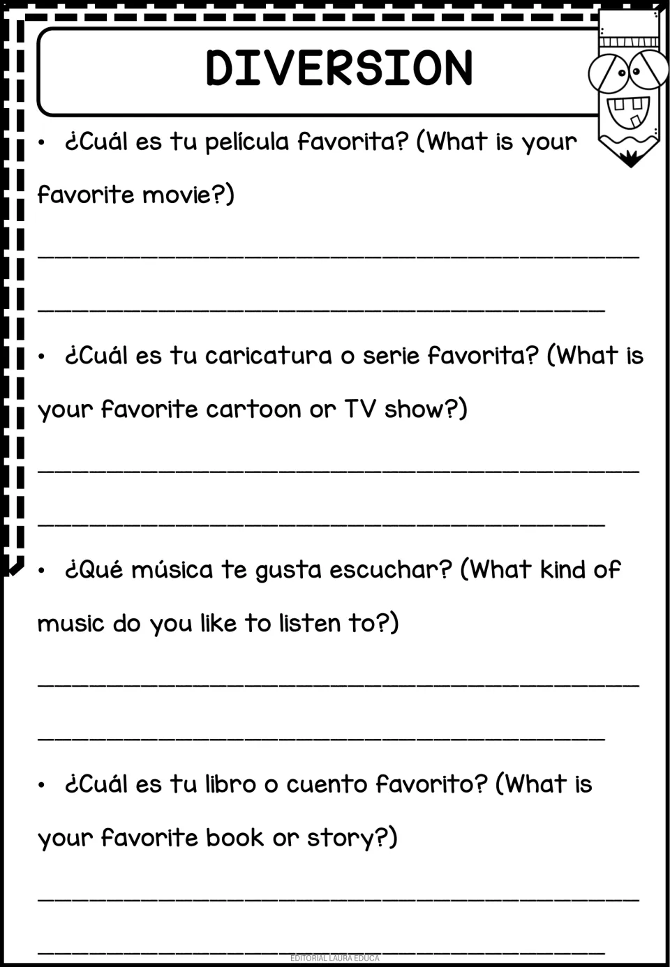 Diversion: students answer Spanish-English questions naming a favorite movie, cartoon or TV show, music and book or story