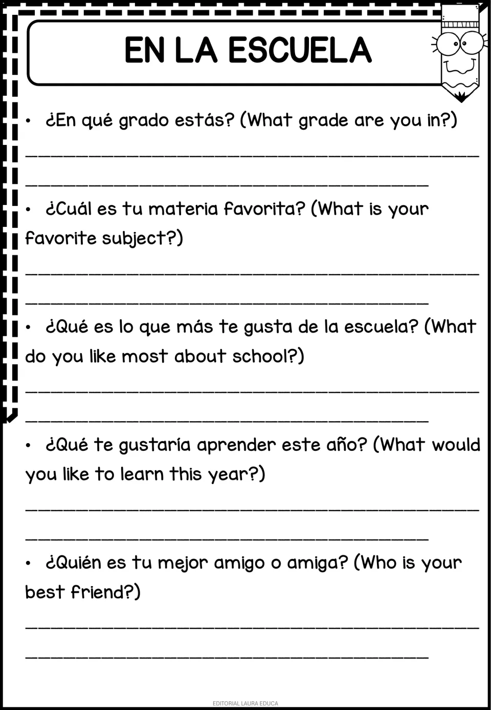 En la Escuela: bilingual questions on grade, favorite subject, what they like at school, what to learn and best friend