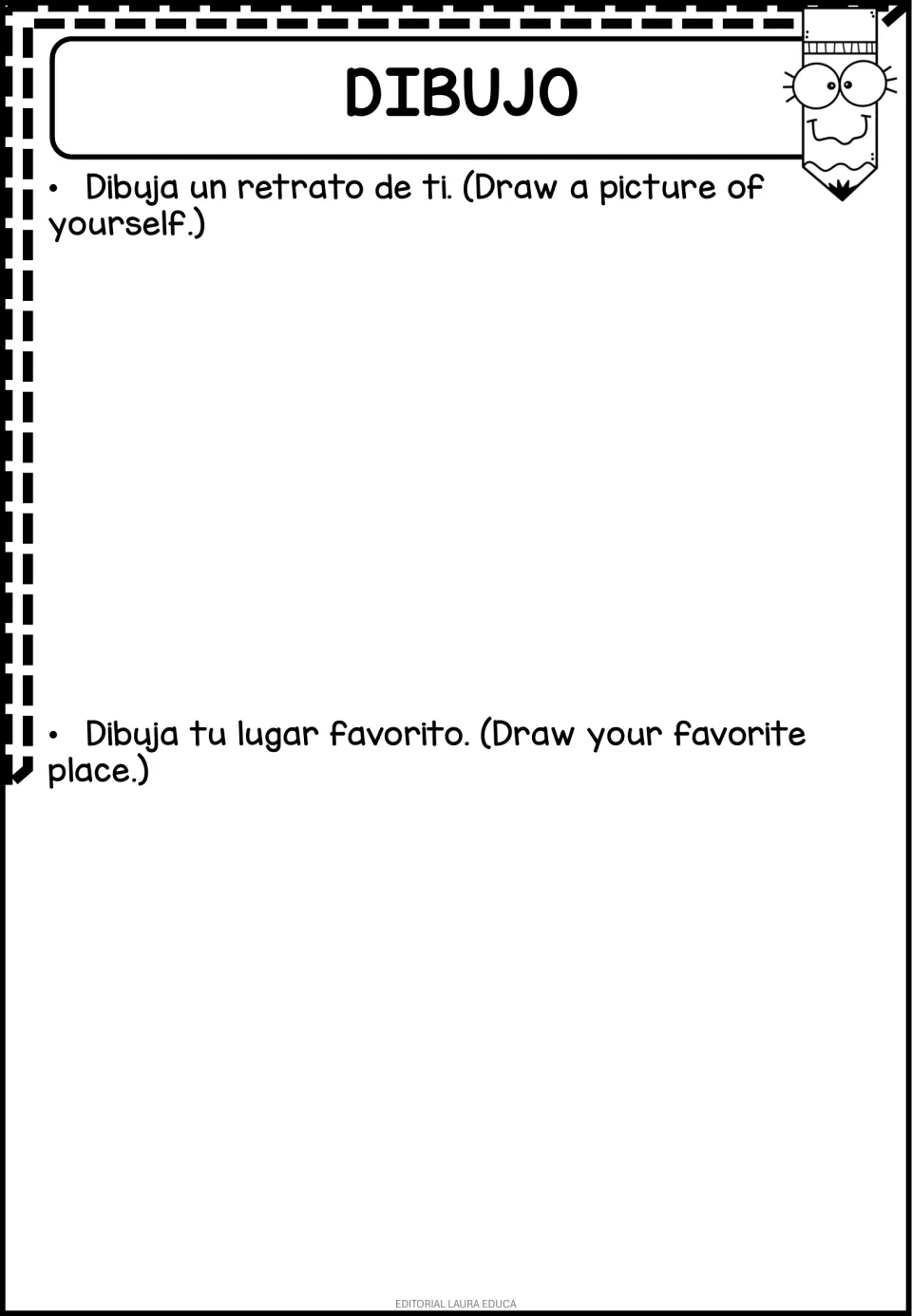 Dibujo: students draw a self-portrait and a picture of their favorite place, with prompts in Spanish and English