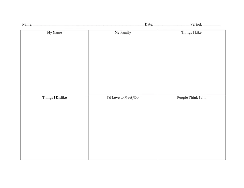 Self-introduction poster template: students fill 6 labeled sections from My Name to People Think I am