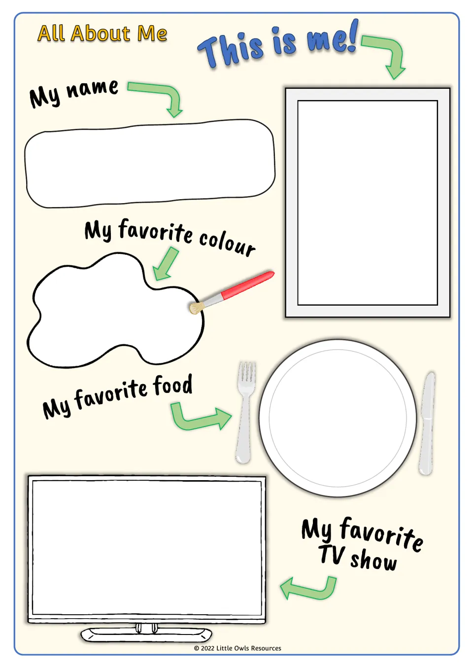 Self-portrait in color: students draw themselves in a frame, write their name and draw favorite colour, food and TV show