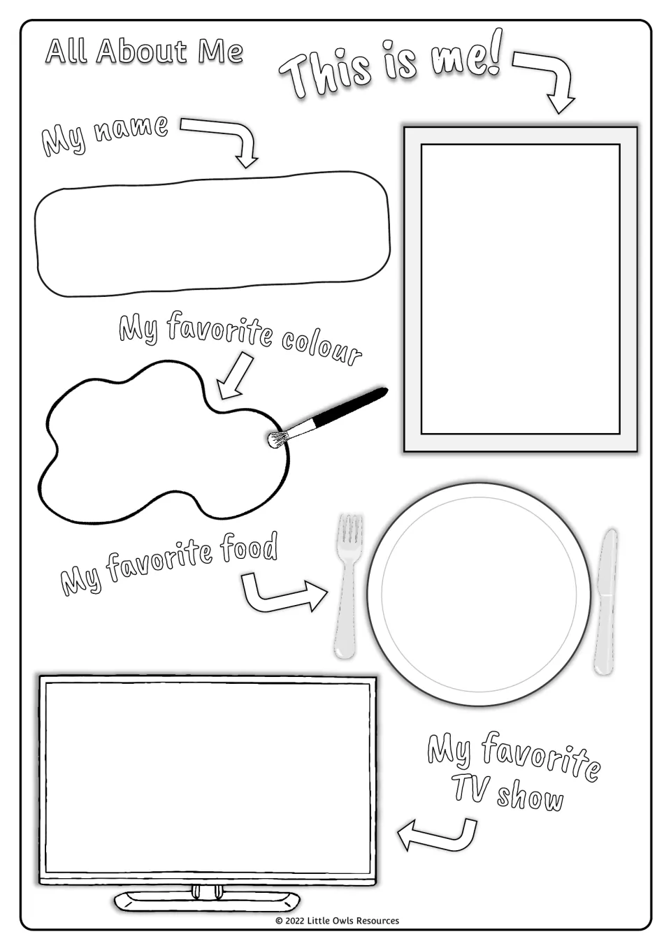 Black-and-white drawing page: students sketch a self-portrait, favorite colour, food on a plate and a TV show on a screen