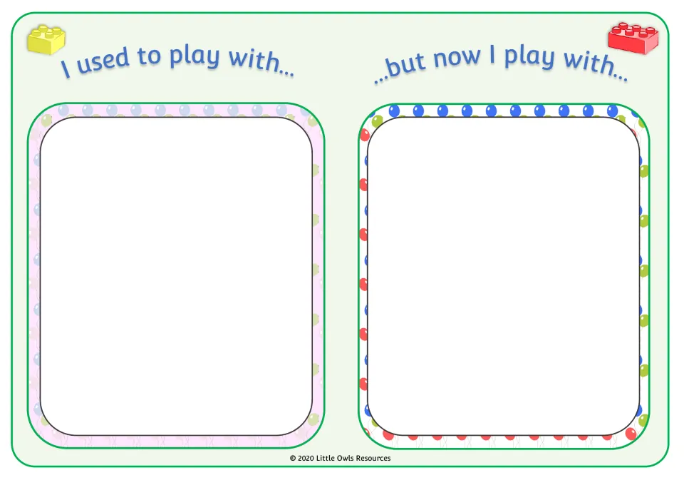 Toys then and now: students draw a baby toy under I used to play with... and today's toy under ...but now I play with...