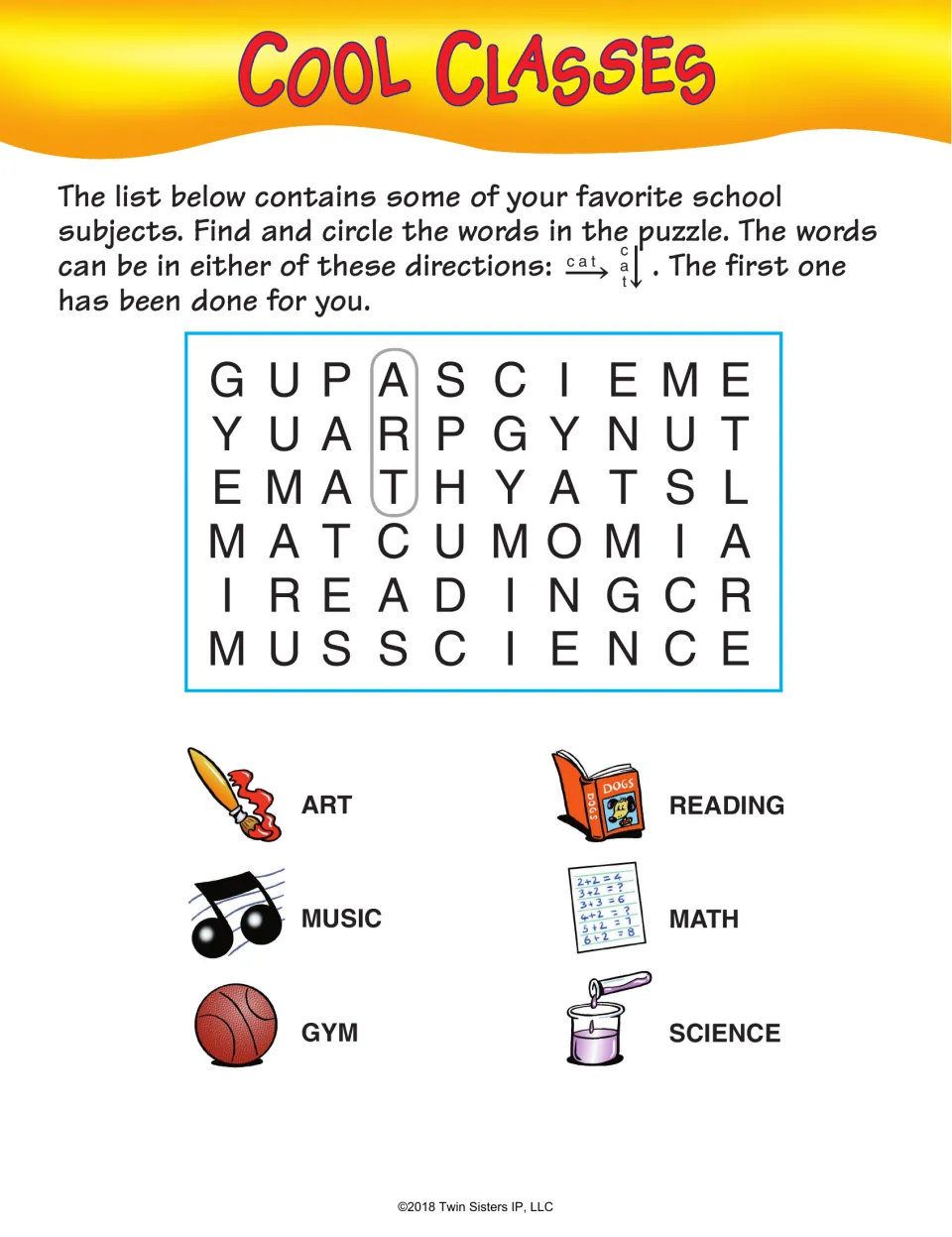 Cool Classes word search: art, music, gym, reading, math, and science, with art circled as an example