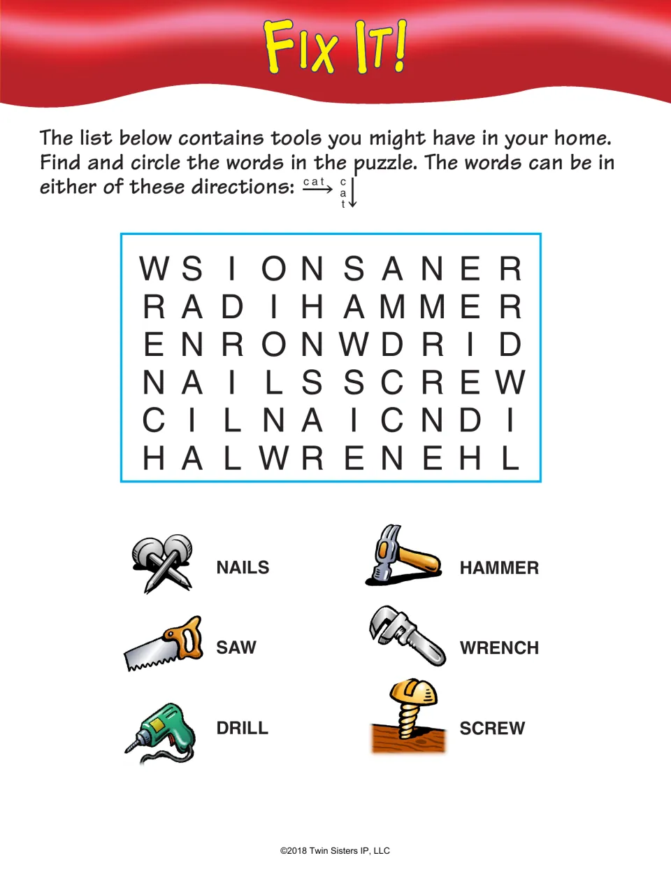Fix It! word search: find nails, saw, drill, hammer, wrench, and screw across or down using picture clues