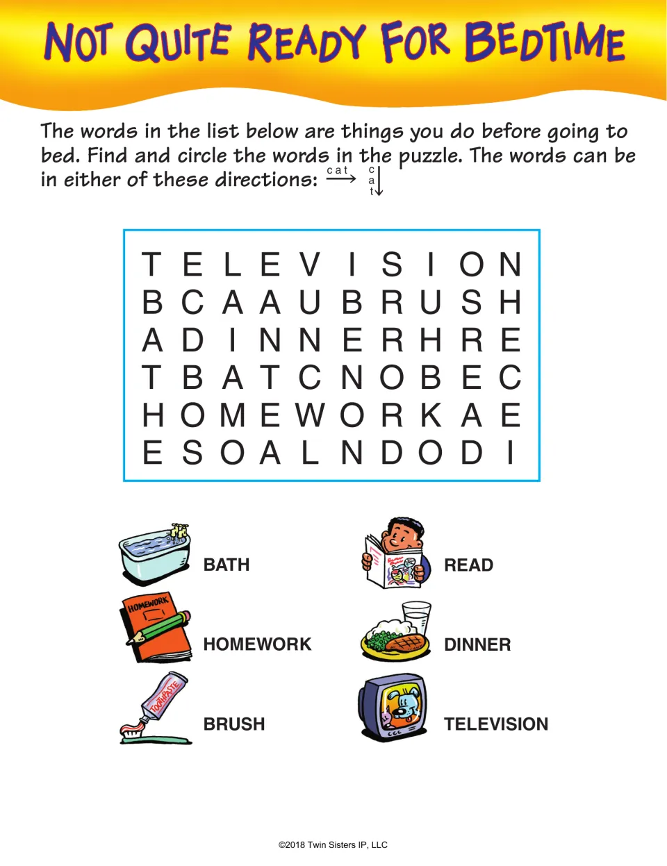 Bedtime routines word search: find bath, homework, brush, read, dinner, and television across or down