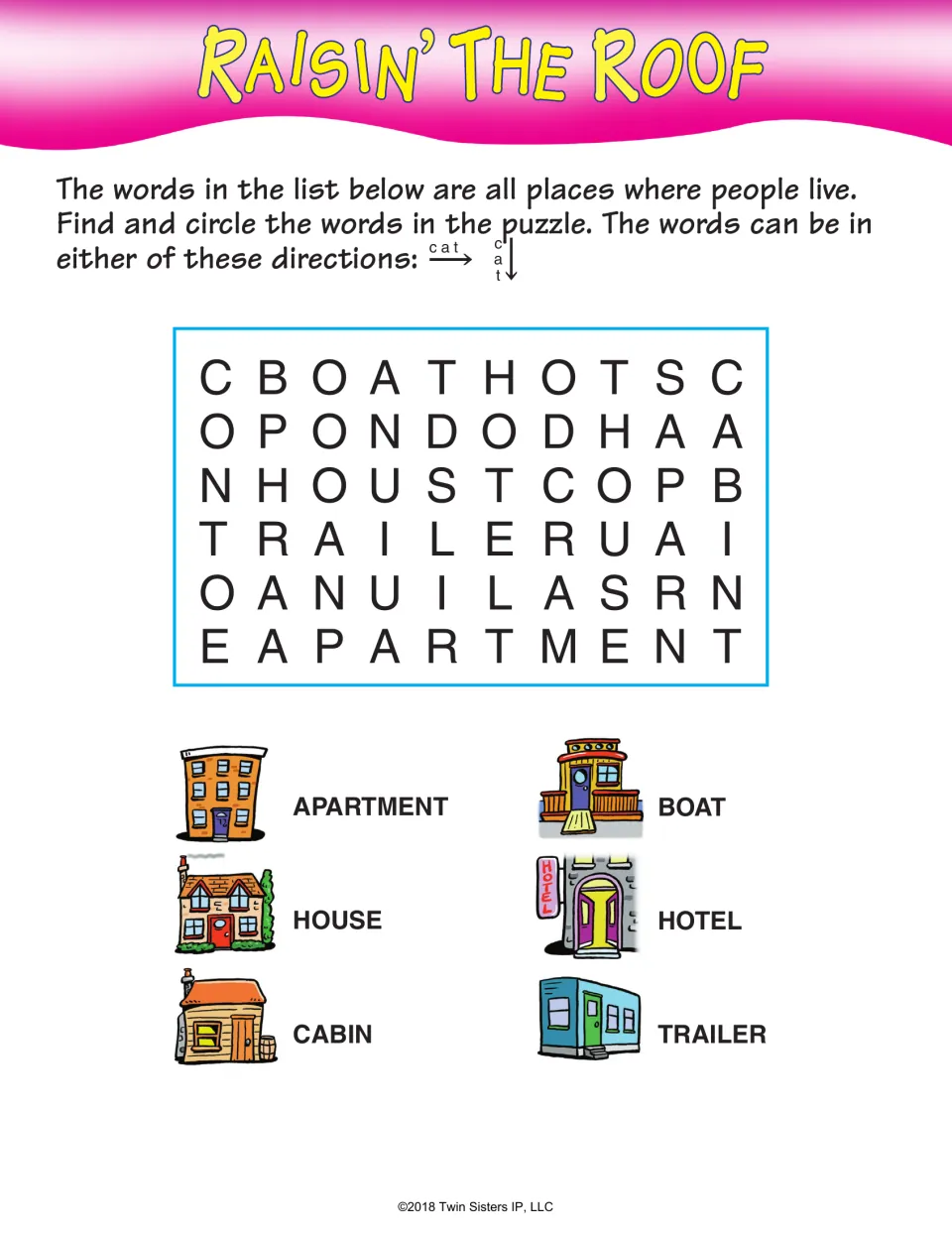 Raisin’ the Roof word search: find apartment, house, cabin, boat, hotel, and trailer across or down