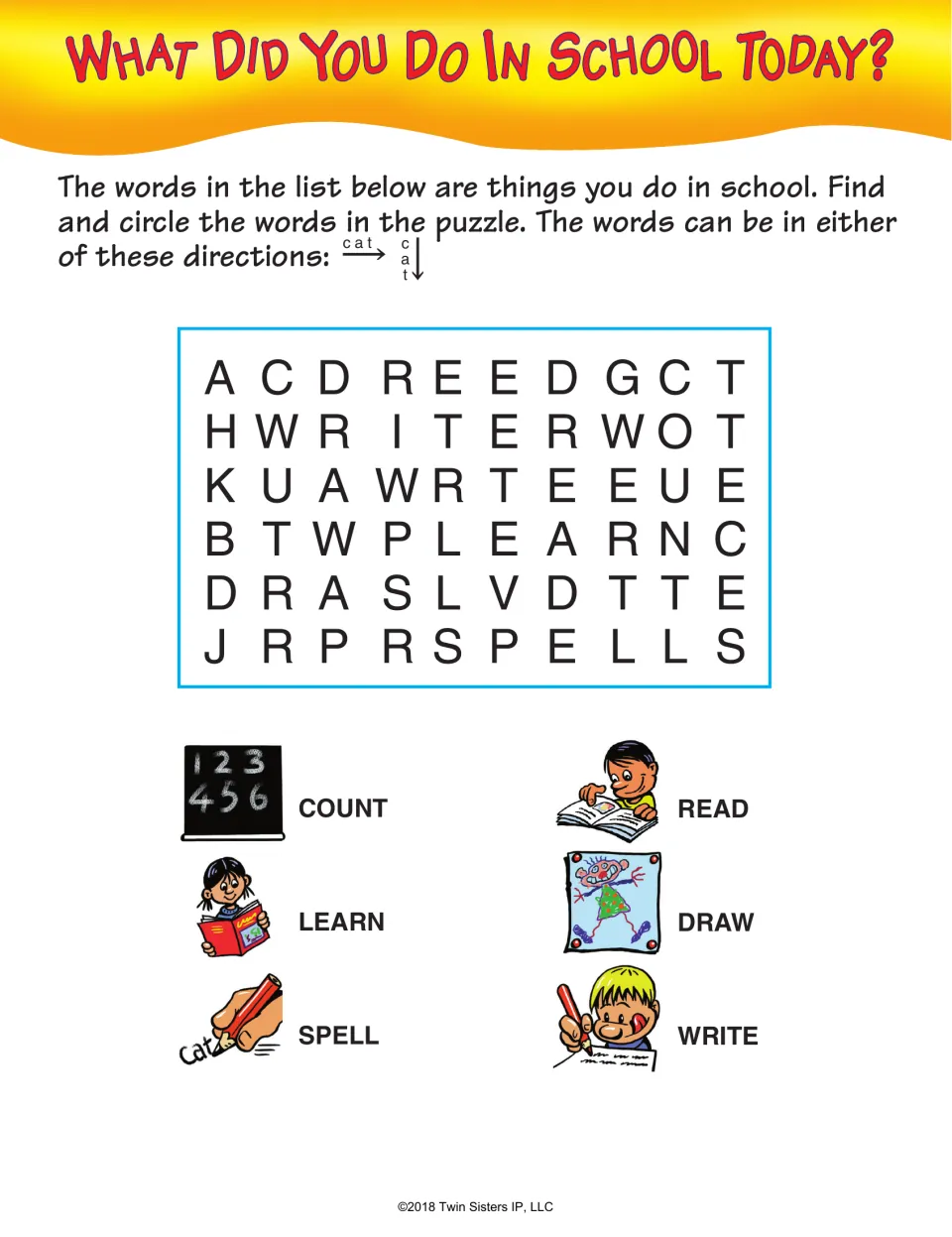 School activities word search: find count, learn, spell, read, draw, and write using labeled pictures