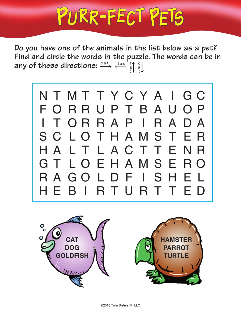 Purr-fect Pets word search: find cat, dog, goldfish, hamster, parrot, and turtle in four directions