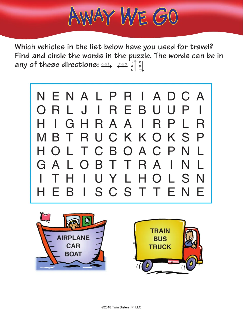 Away We Go word search: find airplane, car, boat, train, bus, and truck by searching in four directions