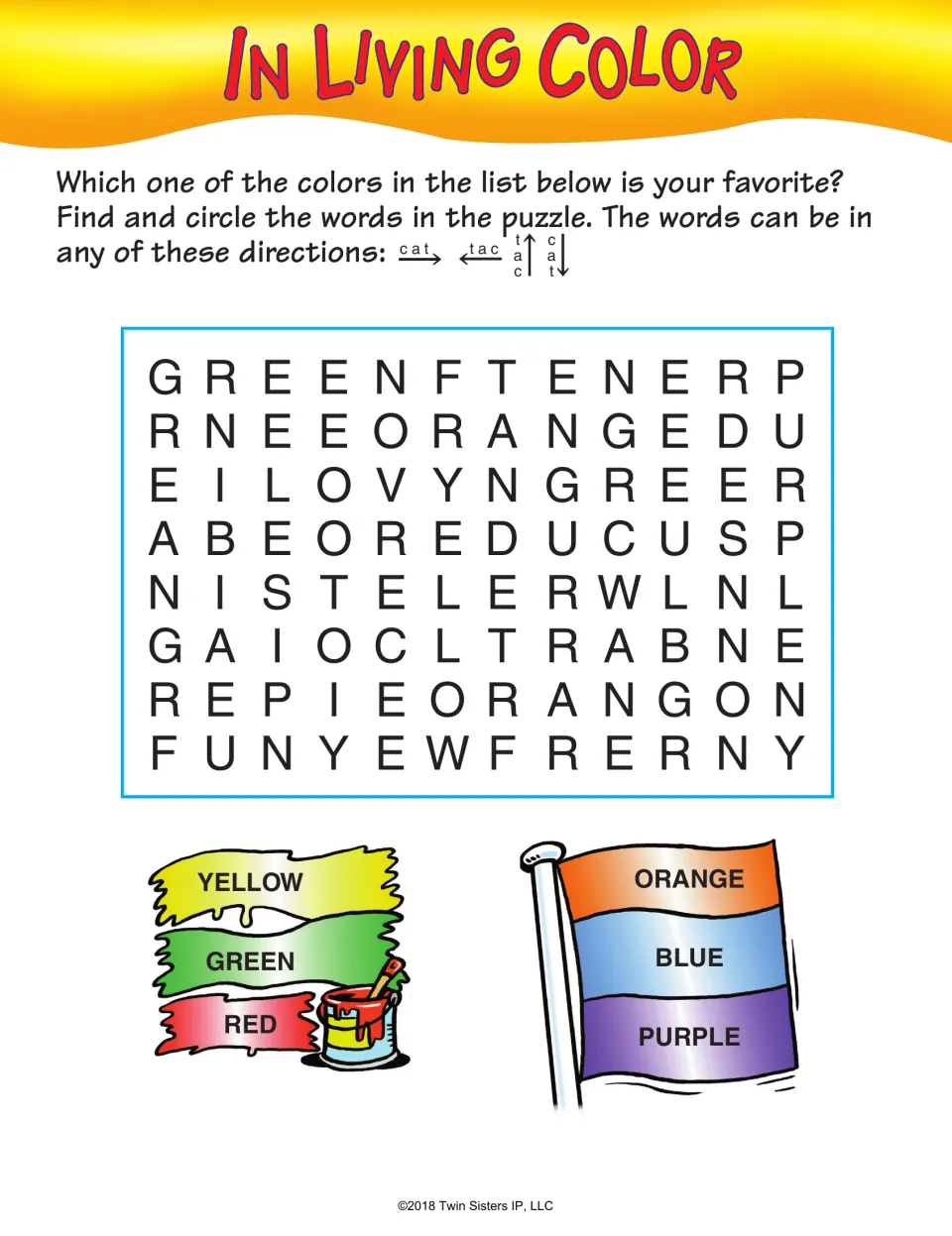 In Living Color word search: find yellow, green, red, orange, blue, and purple in four directions