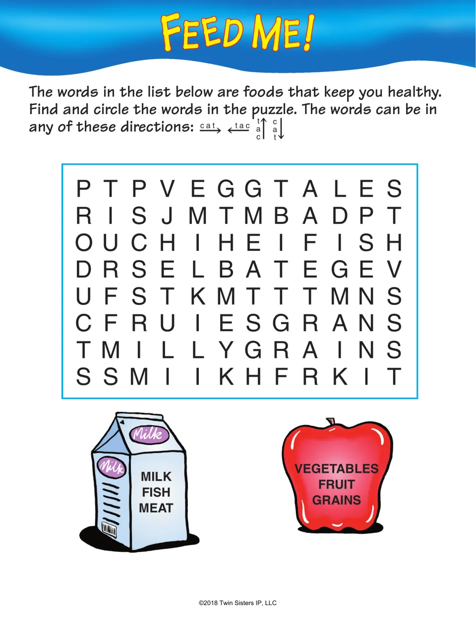 Feed Me! word search: find milk, fish, meat, vegetables, fruit, and grains by searching in four directions