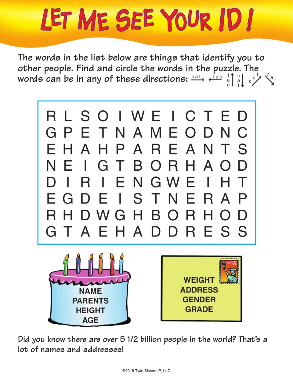 Let Me See Your ID! puzzle: students find and circle name, parents, height, age, weight, address, gender and grade
