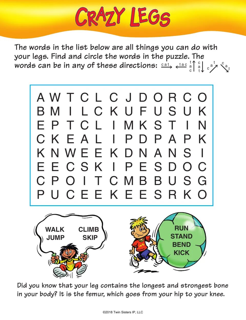 Crazy Legs puzzle: students find leg actions walk, jump, climb, skip, run, stand, bend and kick hidden in the letters