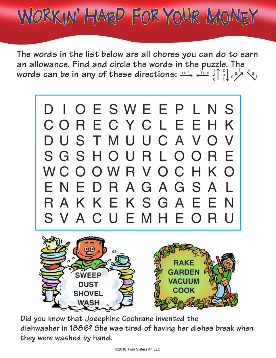 Workin' Hard for Your Money chores puzzle: students circle sweep, dust, shovel, wash, rake, garden, vacuum and cook