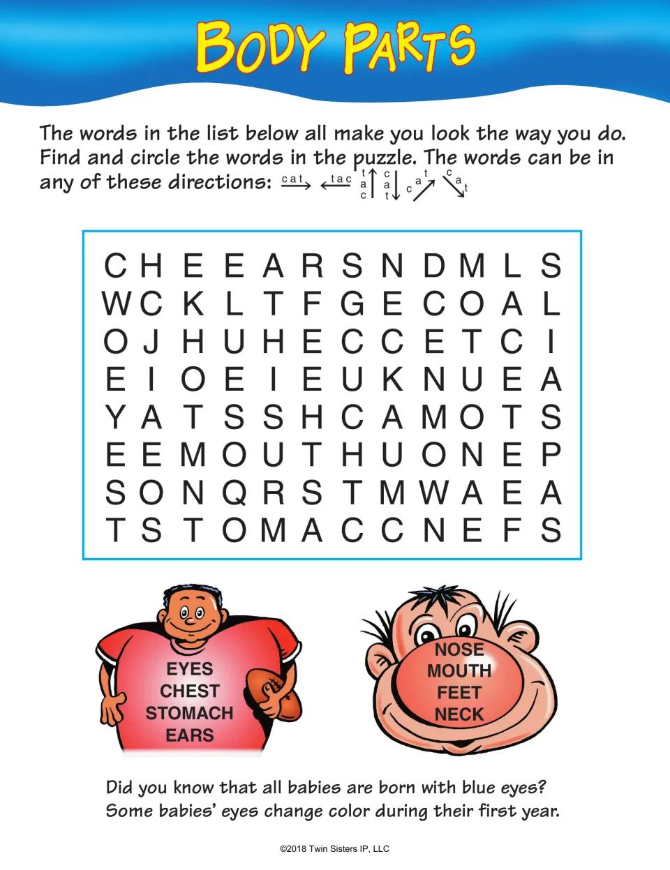 Body Parts puzzle: students find features that shape how they look, such as eyes, ears, nose, mouth, chest, neck and feet
