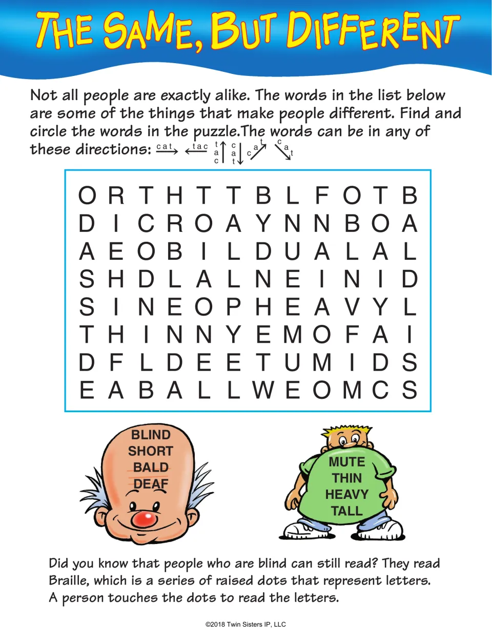 The Same, But Different puzzle on how people differ: students circle blind, short, bald, deaf, mute, thin, heavy and tall