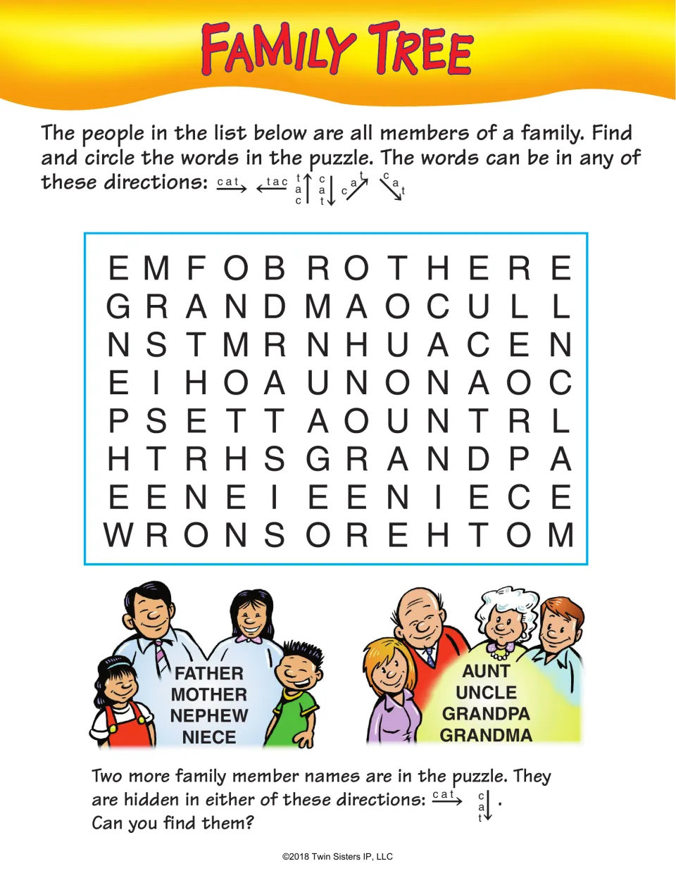 Family Tree: students find father, mother, niece, aunt, grandpa and other family words, then two hidden bonus names
