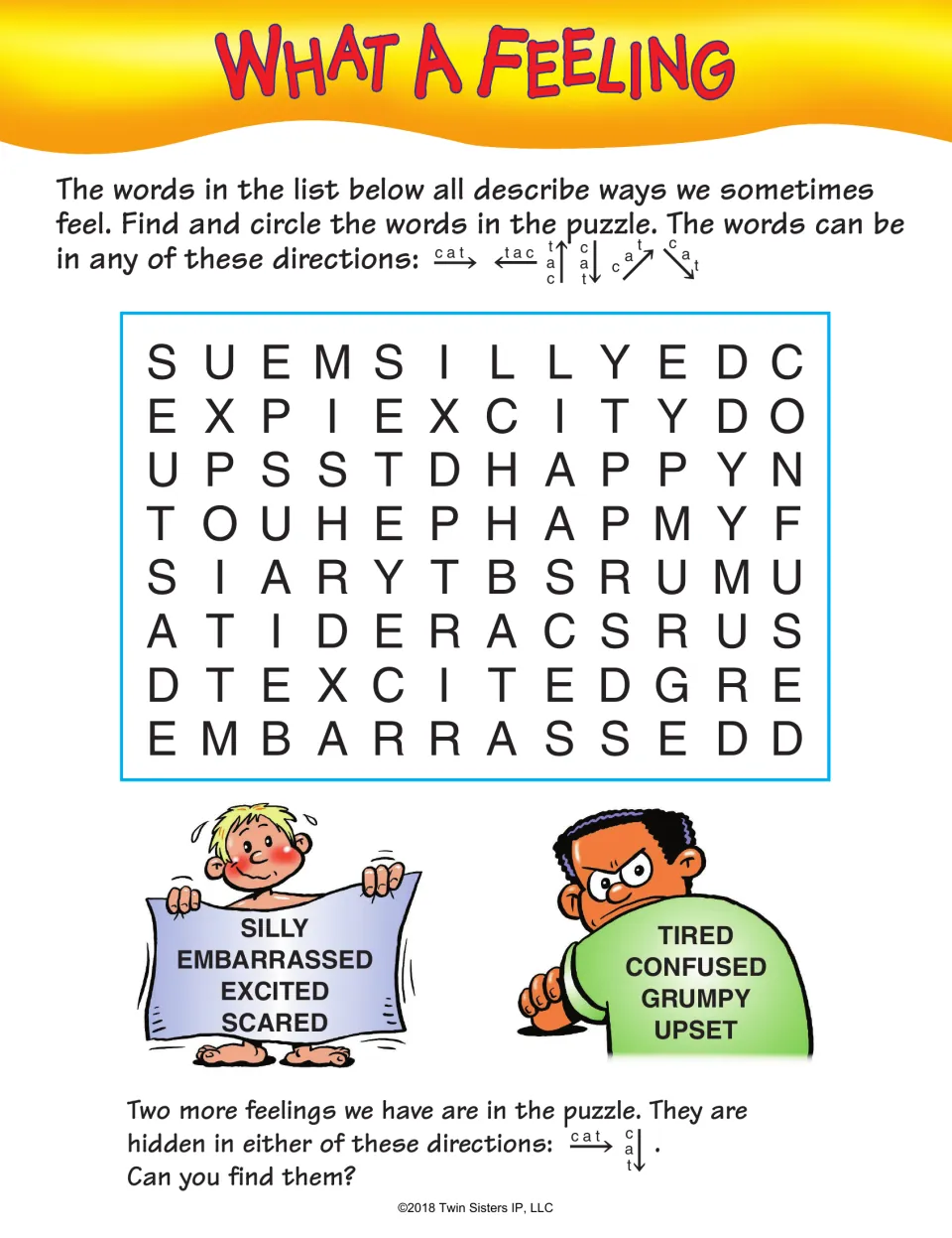 What a Feeling: students locate feeling words such as silly, excited, scared, grumpy and confused hidden in six directions