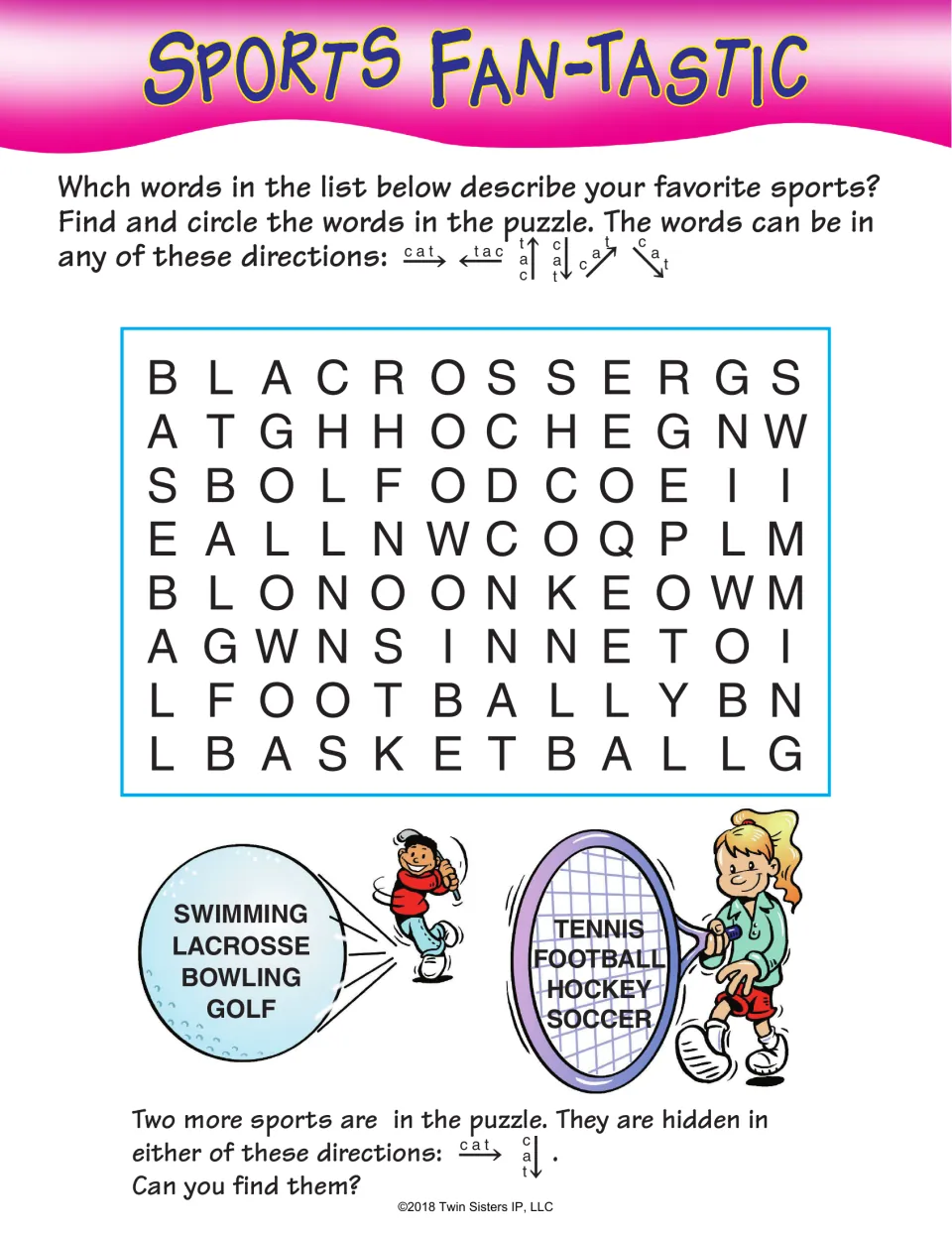 Sports Fan-Tastic: students find sport names including swimming, lacrosse, golf, tennis and hockey, then two more sports